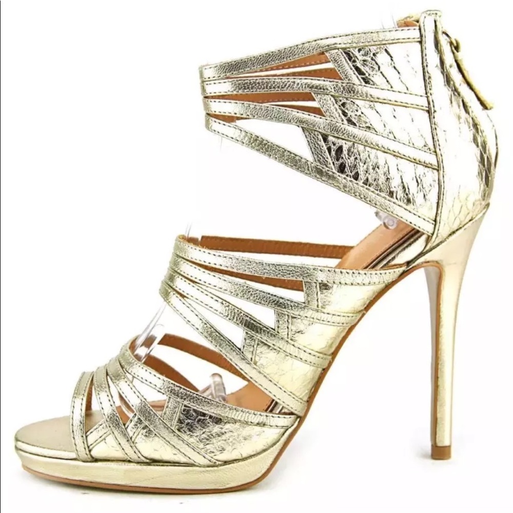 Badgely Mishka Gold Leather ankle sandals heels 9 $345 - Picture 4 of 4